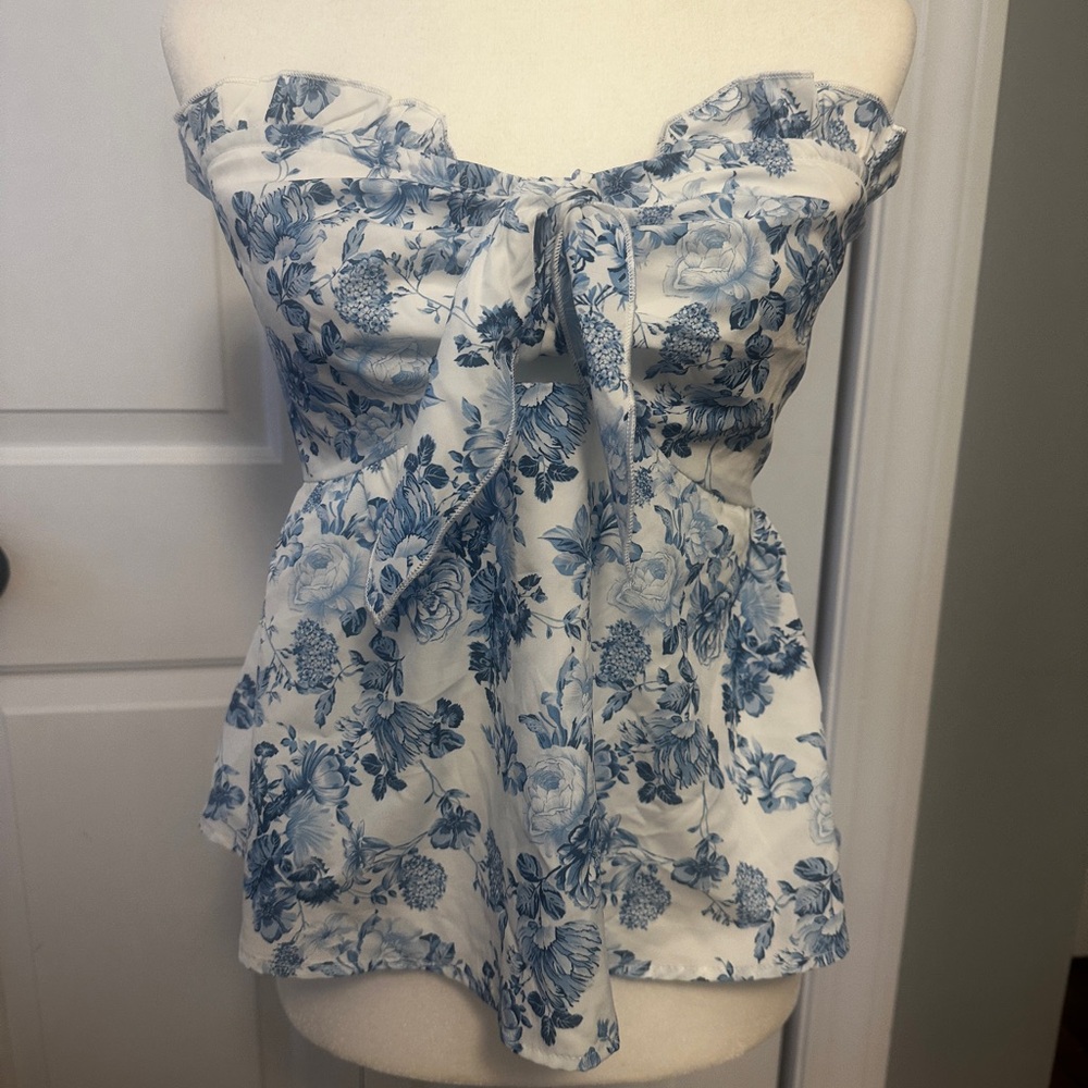 SHEIN White and Blue Floral Off-Shoulder Top